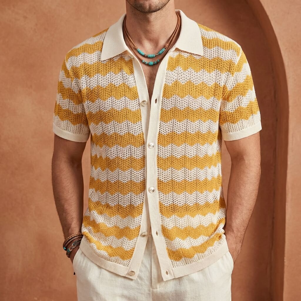 Polo de punto hombre — rayas verticales — ropa de playa y vacaciones