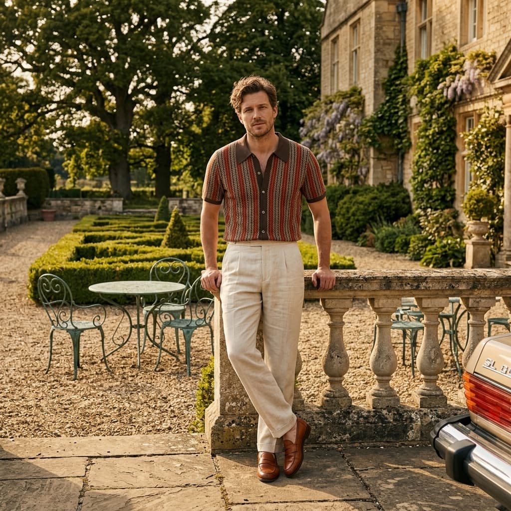 Polo de punto hombre — rayas verticales — estilo casual vacaciones