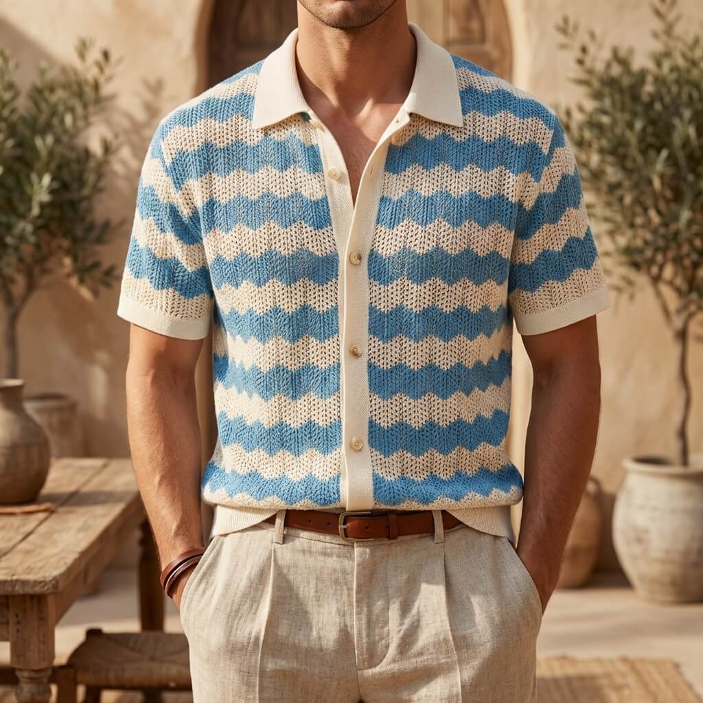 Polo de punto hombre — rayas verticales — ropa de playa y vacaciones