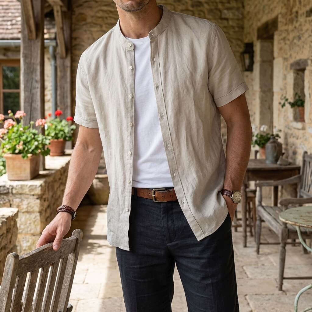 Camisa de lino hombre — cuello banda manga corta — ropa casual playa