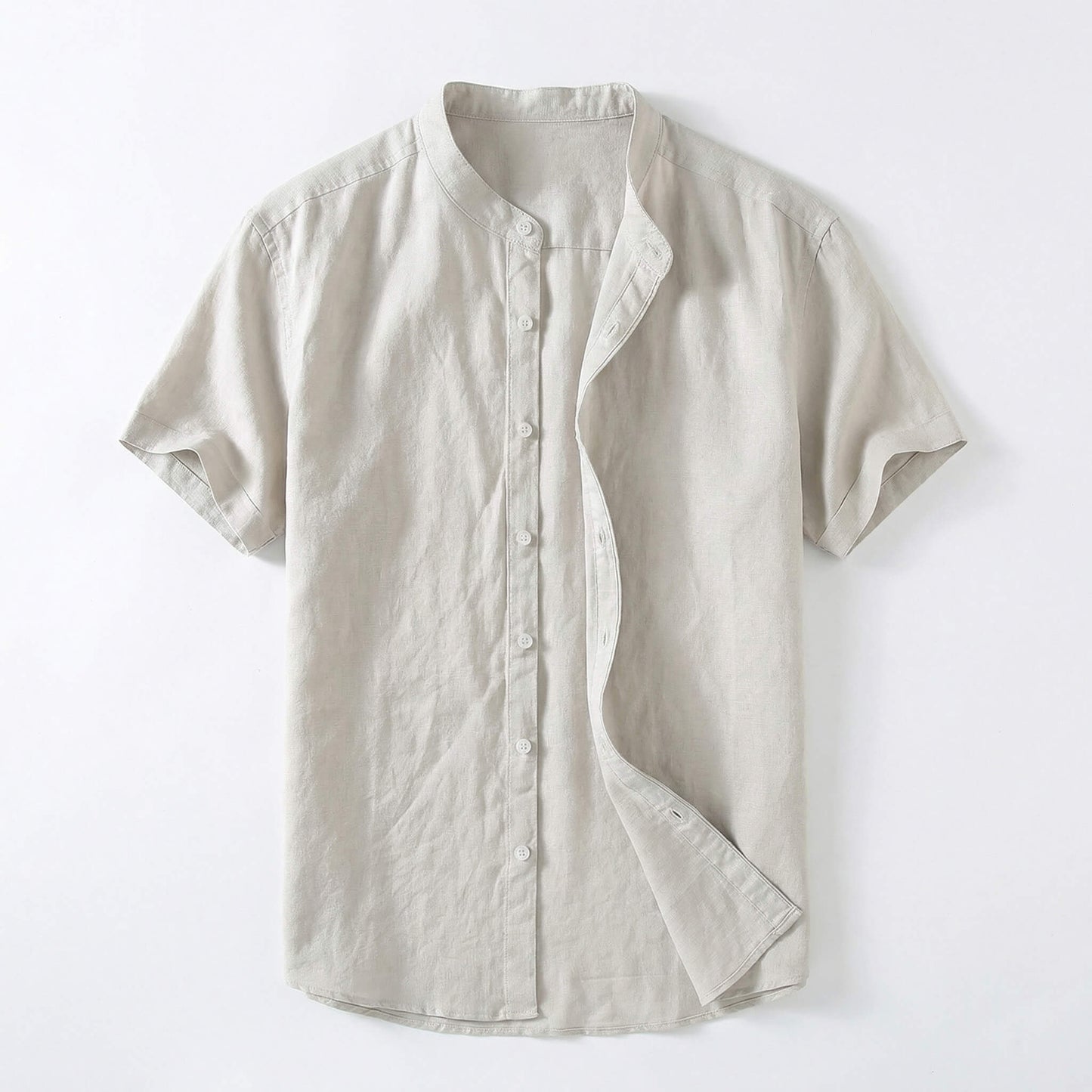 Camisa de lino hombre — cuello banda manga corta — ropa casual playa