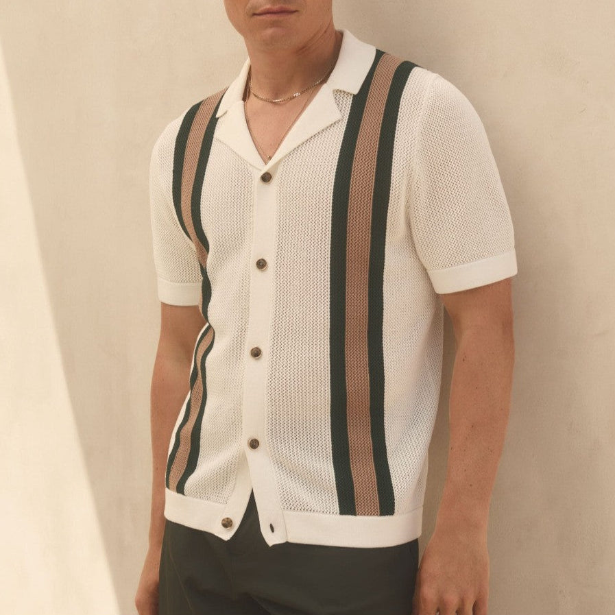 Polo de punto hombre — rayas verticales — ropa de playa y vacaciones