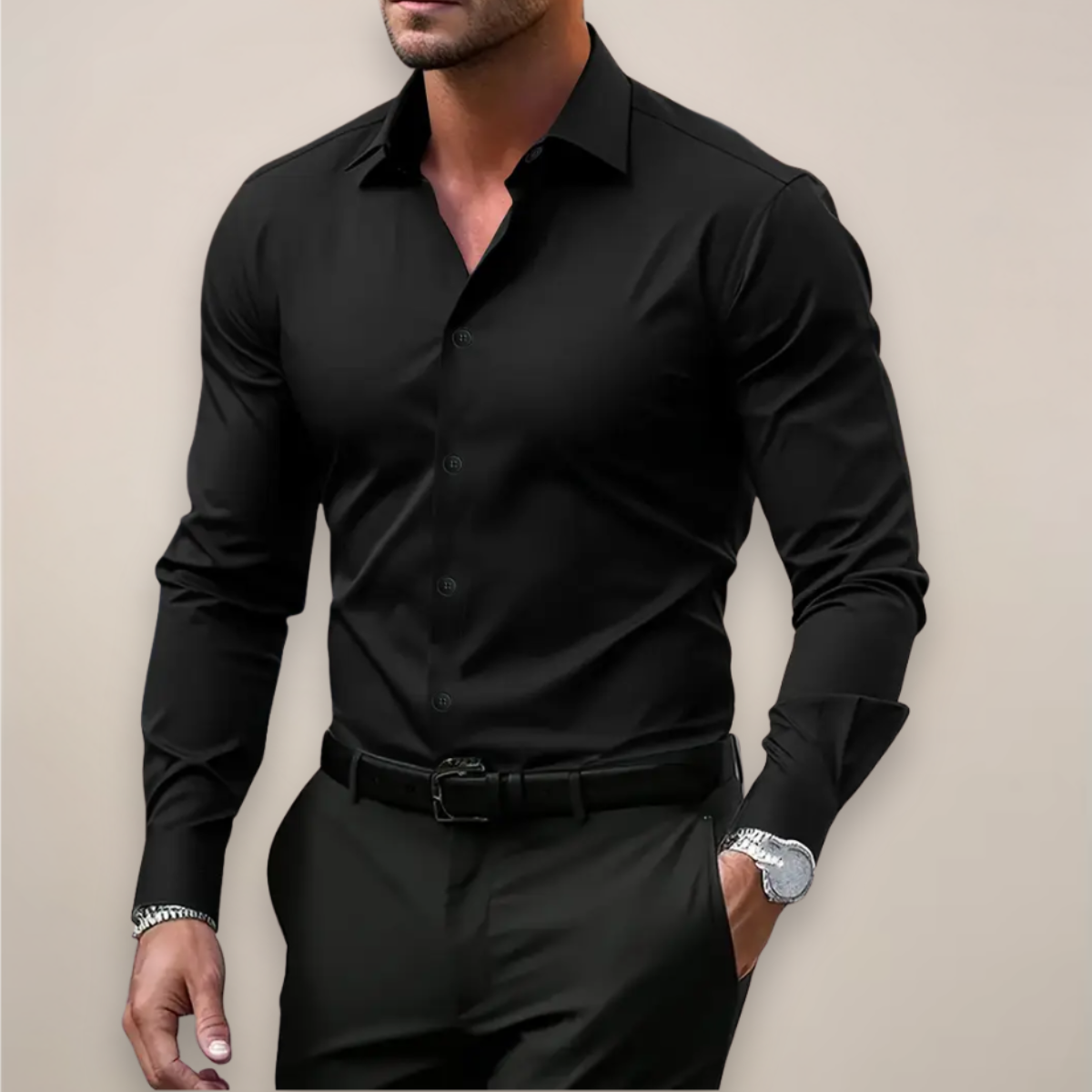 Camisa de manga larga hombre — cuello de muesca corte regular — oficina