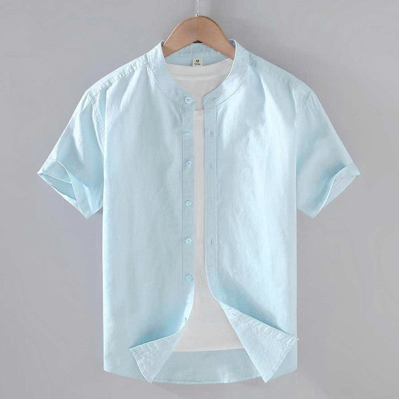 Camisa de lino hombre — cuello banda manga corta — ropa casual playa