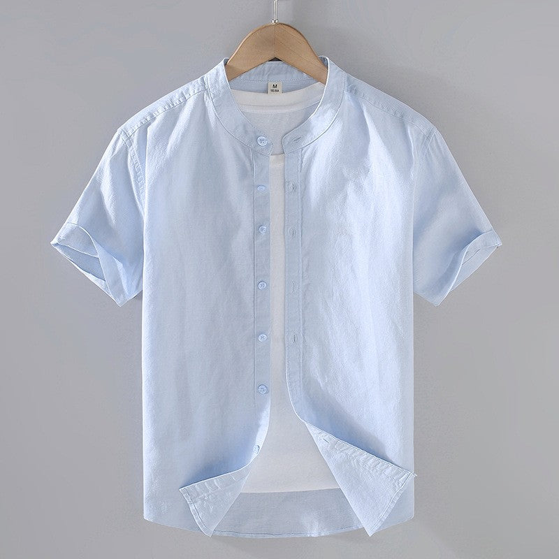 Camisa de lino hombre — cuello banda manga corta — ropa casual playa