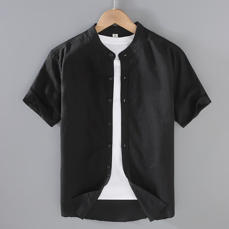 Camisa de lino hombre — cuello banda manga corta — ropa casual playa